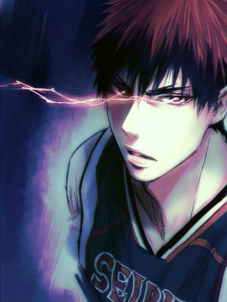 Anime picture 768x1024 with kuroko no basket production i.g kagami taiga single tall image looking at viewer fringe short hair open mouth red eyes bare shoulders red hair inscription sleeveless glowing glowing eye (eyes) boy uniform gym uniform basketball uniform