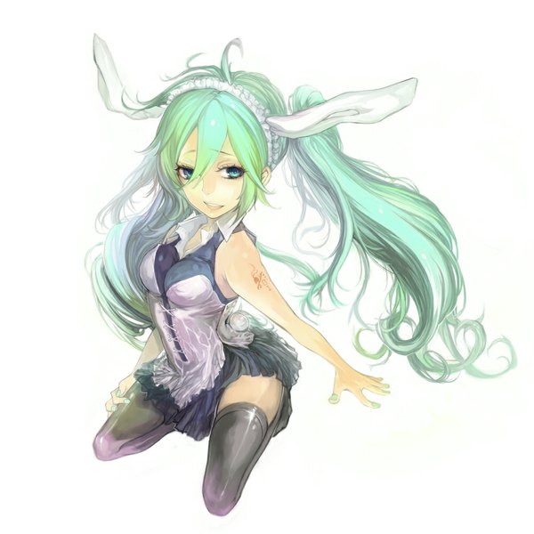 Anime picture 1000x1000 with vocaloid hatsune miku tcb (pixiv) single long hair fringe breasts open mouth blue eyes simple background white background sitting looking away nail polish fingernails green hair tattoo alternate costume sleeveless girl