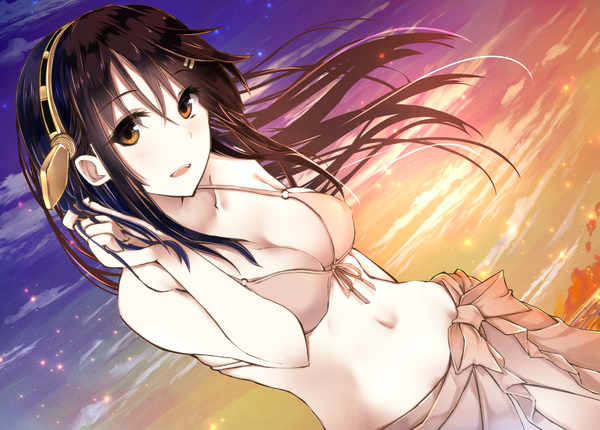 Anime picture 1826x1309 with kantai collection haruna battleship shirotaso0818 single long hair looking at viewer blush fringe highres breasts open mouth light erotic black hair smile hair between eyes large breasts brown eyes sky cloud (clouds) parted lips