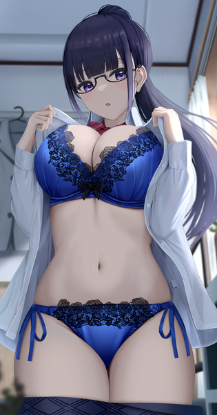 Anime picture 2151x4093 with original inaka 44 single long hair tall image looking at viewer blush fringe highres breasts open mouth light erotic black hair large breasts purple eyes payot ponytail indoors blunt bangs long sleeves