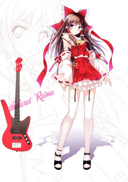 Anime picture 1736x2456 with touhou hakurei reimu mushroom (artist) single long hair tall image blush highres brown hair brown eyes traditional clothes inscription :o shadow character names zoom layer girl thighhighs skirt bow