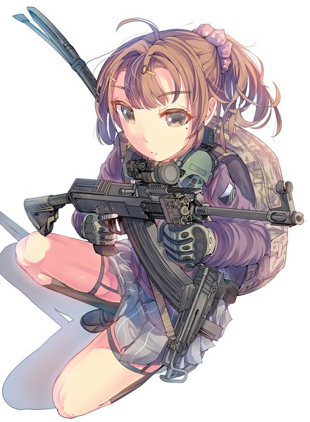 Anime picture 807x1100 with original daito (daito369) single long hair tall image looking at viewer simple background white background brown eyes ahoge ponytail mole mole under eye kneeling headphones around neck military girl skirt gloves weapon