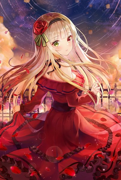 Anime picture 1500x2224 with original yuna (deadawon) single long hair tall image looking at viewer blush fringe breasts open mouth blonde hair red eyes standing green eyes sky outdoors blunt bangs looking back hair flower from behind