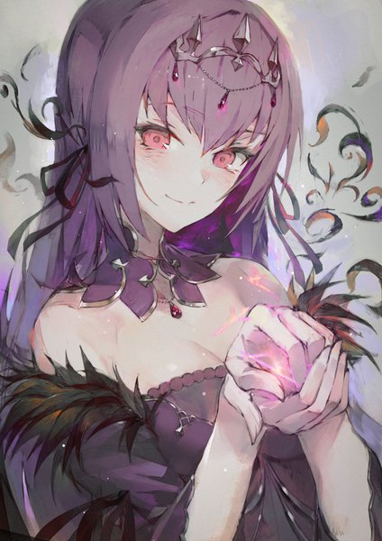 Anime picture 1004x1421 with fate (series) fate/grand order scathach (fate) (all) scathach skadi (fate) hxxg single long hair tall image blush fringe breasts simple background smile hair between eyes red eyes bare shoulders cleavage purple hair upper body fur trim