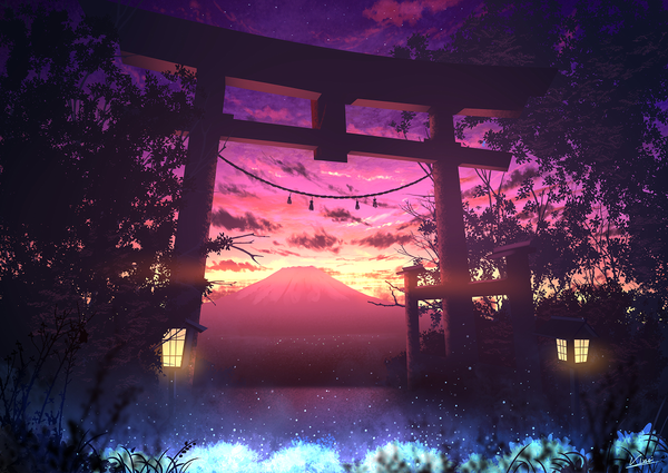 Anime picture 1077x762 with original vinci v7 sky cloud (clouds) sunlight evening sunset mountain no people landscape scenic red sky plant (plants) tree (trees) lantern torii shimenawa