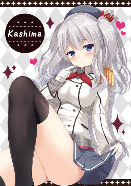 Anime picture 724x1025 with kantai collection kashima training cruiser tomoo (tomo) single long hair tall image looking at viewer blush blue eyes light erotic smile silver hair girl thighhighs skirt gloves uniform black thighhighs miniskirt white gloves