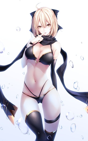 Anime picture 1375x2200 with fate (series) fate/grand order okita souji (fate) (all) okita souji (swimsuit assassin) (fate) yoaferia single tall image looking at viewer blush fringe short hair breasts light erotic simple background blonde hair hair between eyes large breasts standing white background bare shoulders