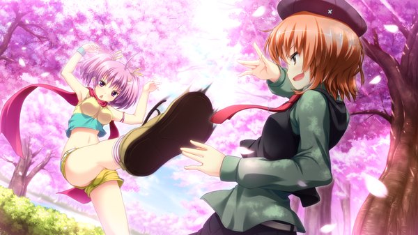 Anime picture 1024x576 with sukimazakura to uso no machi short hair light erotic wide image multiple girls pink hair game cg pink eyes orange hair girl 2 girls