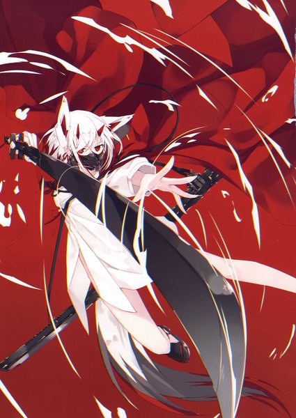 Anime picture 2089x2947 with original nagishiro mito single tall image looking at viewer fringe highres short hair simple background hair between eyes red eyes holding animal ears payot bent knee (knees) white hair tail animal tail multicolored hair horn (horns)