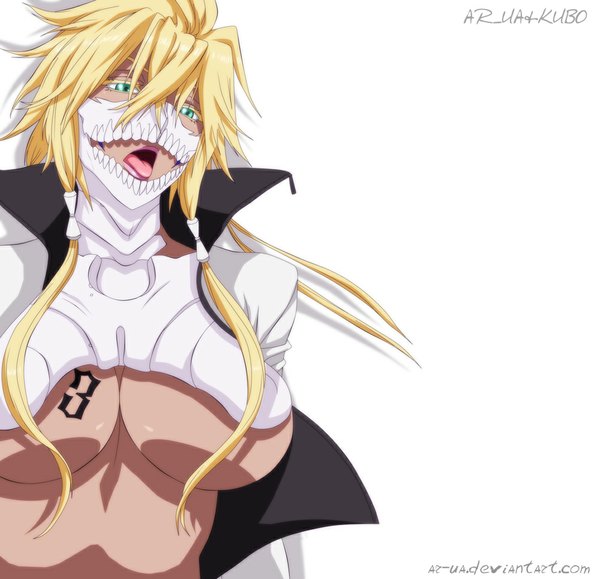 Anime picture 1000x966 with bleach studio pierrot tia harribel ar-ua single long hair breasts open mouth light erotic blonde hair large breasts white background twintails tattoo coloring espada girl tongue mask