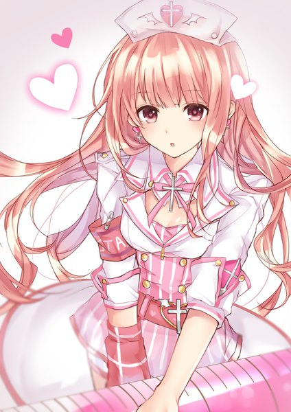 Anime picture 1536x2172 with miracle nikki nikki (miracle nikki) misosirudodo single long hair tall image looking at viewer blush fringe open mouth simple background red eyes brown hair standing holding blunt bangs :o symbol-shaped pupils heart-shaped pupils nurse