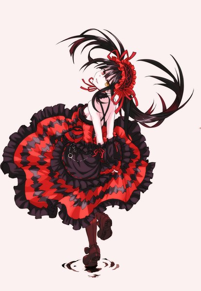 Anime picture 872x1264 with date a live tokisaki kurumi minatti single long hair tall image looking at viewer black hair simple background red eyes white background yellow eyes heterochromia turning head hands behind back lolita fashion uneven twintails girl dress ribbon (ribbons)
