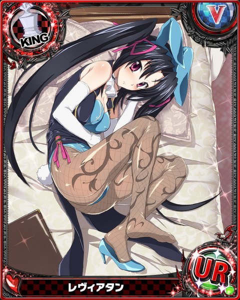 Anime picture 640x800 with highschool dxd serafall leviathan single long hair tall image looking at viewer blush light erotic black hair purple eyes twintails animal ears lying bunny ears card (medium) girl gloves pantyhose white gloves bed