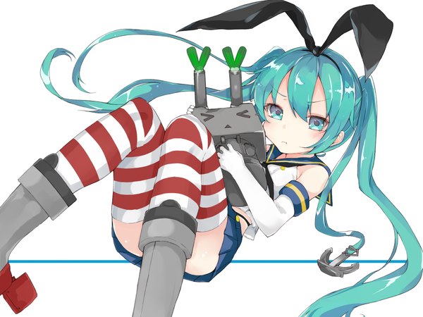 Anime picture 2000x1500 with kantai collection vocaloid hatsune miku rensouhou-chan kou mashiro long hair looking at viewer blush highres twintails lying aqua eyes aqua hair on back cosplay > < shimakaze (kancolle) (cosplay) thighhighs skirt gloves