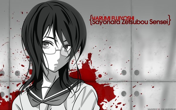 Anime picture 1920x1200 with sayonara zetsubou sensei shaft (studio) fujiyoshi harumi single looking at viewer highres black hair wide image upper body copyright name character names monochrome vector blood stains derivative work girl uniform school uniform glasses blood