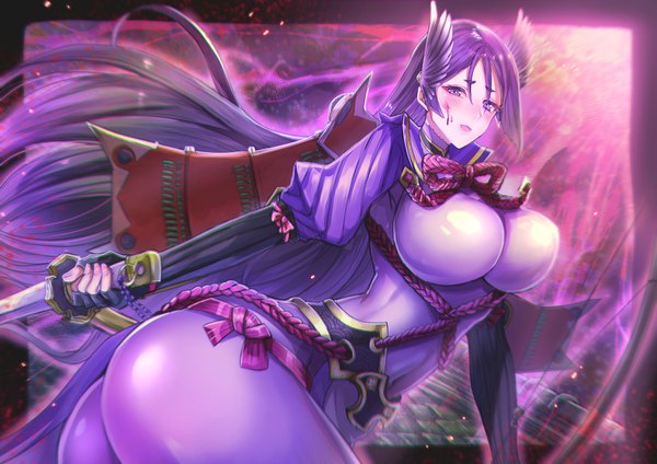 Anime-Bild 1414x1000 mit fate (series) fate/grand order minamoto no raikou (fate) meisuke mei single blush breasts open mouth light erotic large breasts purple eyes purple hair ass very long hair border head wings purple background blood on face seigaiha girl