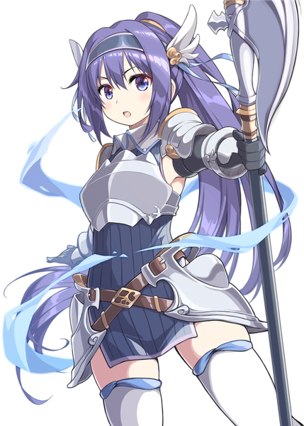 Anime picture 1243x1740 with princess connect! re:dive princess connect! mifuyu (princess connect!) ribucci single long hair tall image looking at viewer fringe open mouth simple background hair between eyes white background purple eyes purple hair ponytail :o girl thighhighs weapon
