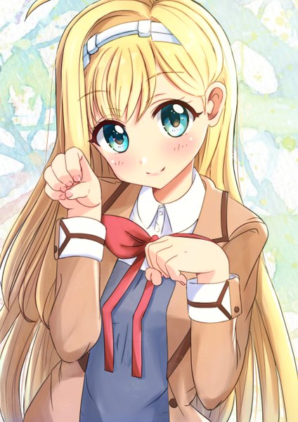 Anime picture 3541x5016 with hina logi - from luck & logic liones yelistratova lion suko single long hair tall image looking at viewer blush fringe highres simple background blonde hair smile hair between eyes absurdres upper body ahoge long sleeves aqua eyes open clothes