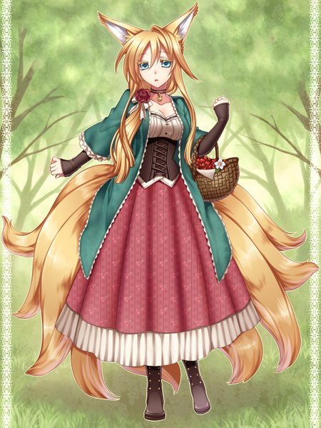 Anime picture 1080x1440 with original konshin long hair tall image blue eyes blonde hair animal ears animal tail fox ears fox tail multiple tails girl dress tree (trees) collar forest basket