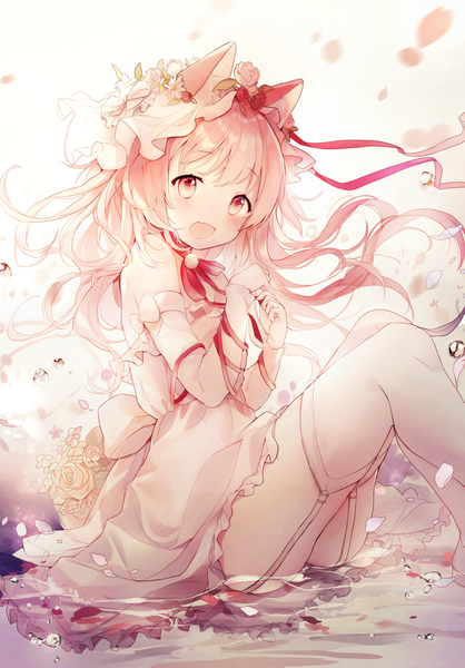 Anime picture 1200x1720 with original amafuyu single long hair tall image looking at viewer blush fringe open mouth light erotic smile sitting animal ears pink hair :d pink eyes wind cat ears partially submerged polychromatic