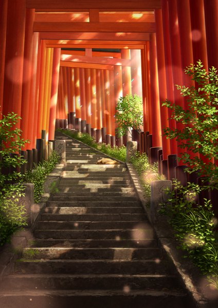 Anime picture 2480x3508 with original pei (sumurai) tall image highres outdoors sunlight lens flare no people scenic plant (plants) animal stairs torii bushes fox