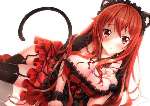 Anime picture 1486x1050 with maoyuu maou yuusha arms corporation maou (maoyuu) swordsouls single long hair looking at viewer blush breasts light erotic simple background red eyes large breasts white background animal ears red hair cat ears cat girl cat tail tattoo