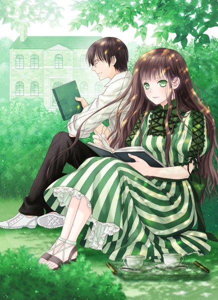 Anime picture 873x1200 with karakusa toshokan raikyakubo onono takamura tokiko (karakusa toshokan) yuuno (yukioka) long hair tall image looking at viewer short hair black hair brown hair sitting green eyes girl dress boy glasses book (books) leaf (leaves) cup