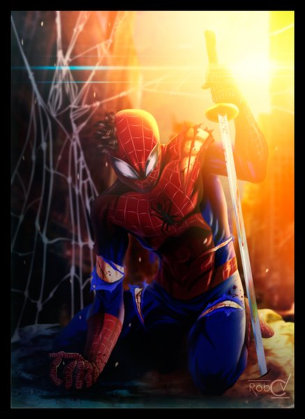 Anime picture 1024x1404 with marvel comics spider-man (series) spiderman robcv single tall image sunlight coloring torn clothes muscle superhero boy weapon sword katana blood bodysuit mask spider web