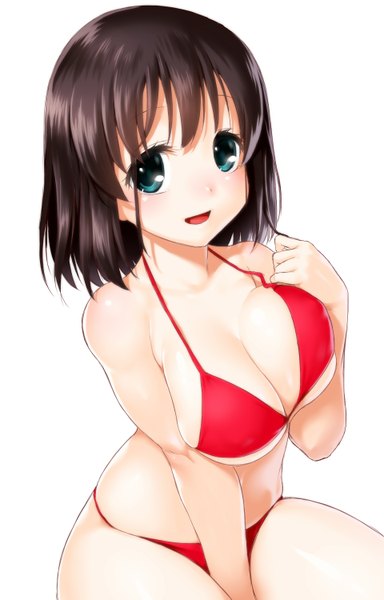 Anime picture 960x1500 with saki touyoko momoko onsoku inu single tall image looking at viewer blush short hair breasts open mouth blue eyes light erotic black hair simple background smile large breasts white background bare shoulders cleavage bare belly