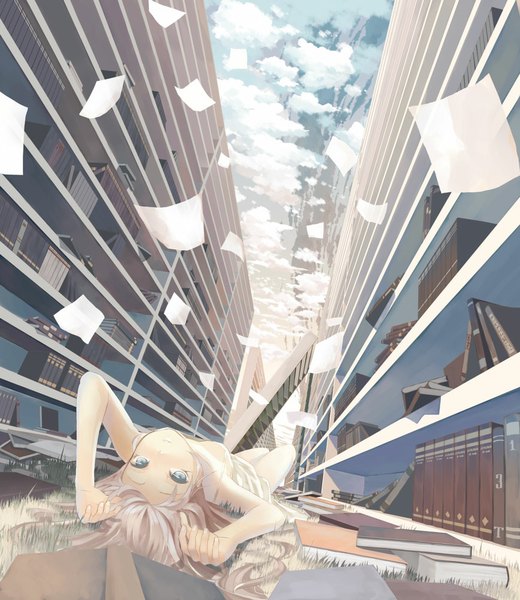 Anime picture 867x1000 with original throtem single long hair tall image blue eyes blonde hair cloud (clouds) lying girl book (books) paper shelf bookshelf