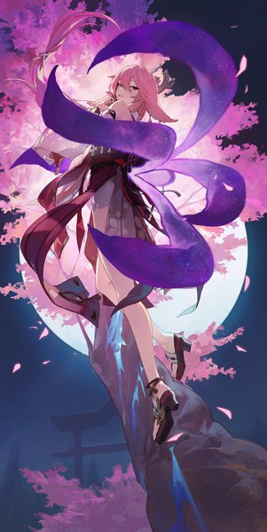 Anime picture 2976x5933 with genshin impact yae miko modare single long hair tall image blush fringe highres hair between eyes purple eyes animal ears looking away pink hair full body outdoors tail traditional clothes parted lips japanese clothes