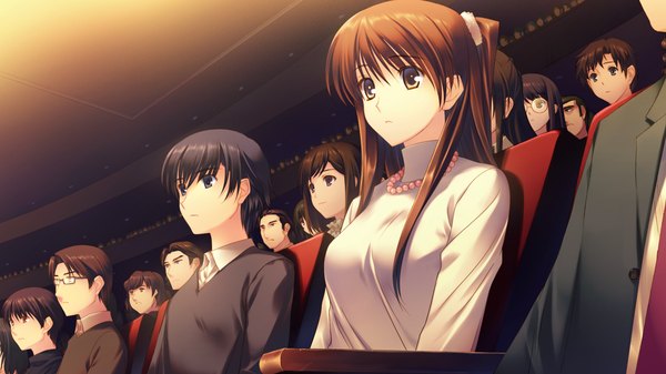 Anime picture 1280x720 with white album 2 ogiso setsuna long hair short hair black hair brown hair wide image sitting yellow eyes game cg girl boy sweater