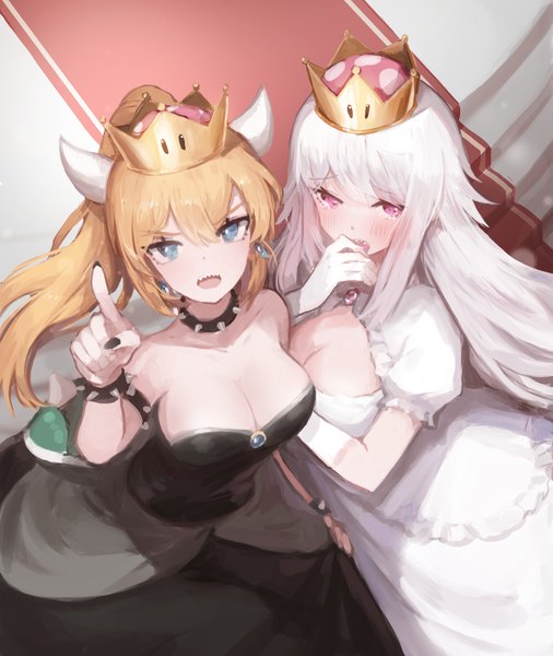 Anime picture 1764x2093 with super mario bros. new super mario bros. u deluxe bowsette princess king boo seorang long hair tall image looking at viewer blush fringe highres breasts open mouth blue eyes light erotic blonde hair hair between eyes purple eyes multiple girls cleavage