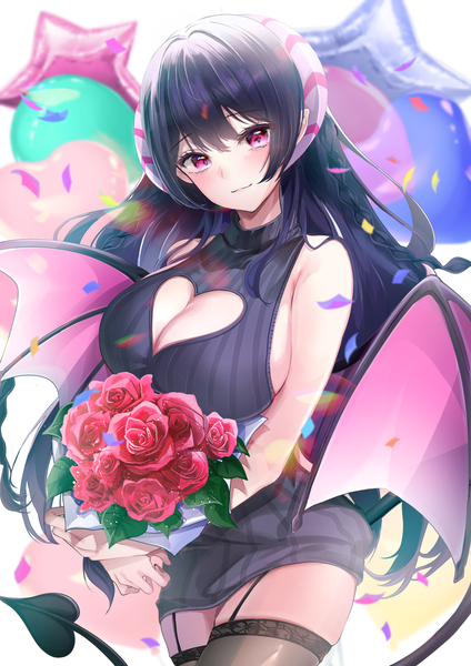 Anime picture 3508x4967 with original mika uni single long hair tall image looking at viewer blush fringe highres breasts light erotic black hair hair between eyes large breasts standing absurdres cleavage tail braid (braids) head tilt