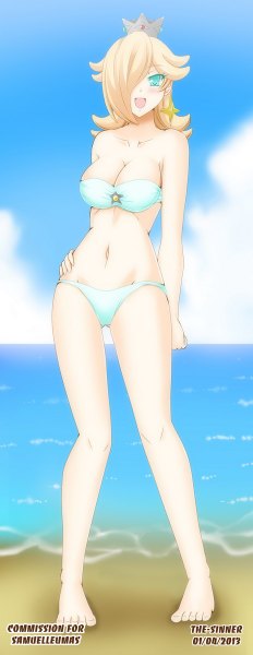 Anime picture 464x1200 with super mario bros. rosetta (mario) rosalina the-sinner single long hair tall image looking at viewer blush fringe open mouth blue eyes light erotic blonde hair smile hair over one eye legs hand on hip girl navel