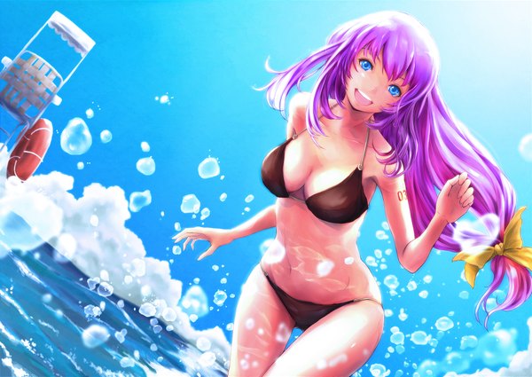 Anime picture 1980x1403 with vocaloid megurine luka museum2088 single long hair looking at viewer highres open mouth blue eyes pink hair low ponytail girl navel bow swimsuit hair bow bikini black bikini