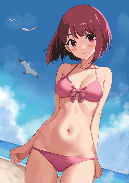 Anime picture 2508x3541 with oshi no ko arima kana kinomiki single tall image looking at viewer blush highres short hair light erotic smile red eyes standing sky cloud (clouds) outdoors red hair beach groin horizon