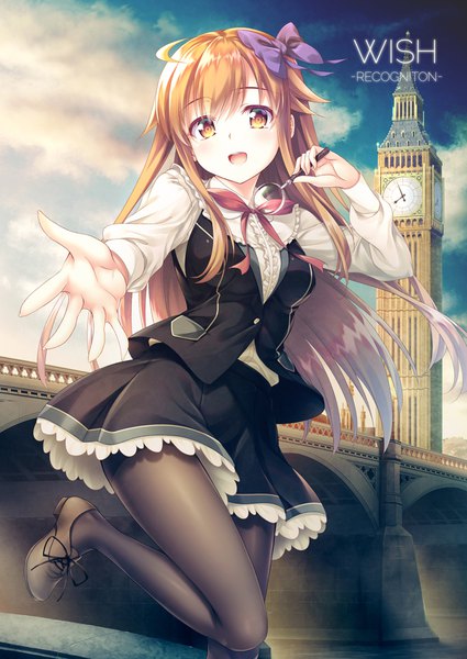 Anime picture 708x1000 with original yuurei yashiki single long hair tall image looking at viewer blush fringe breasts open mouth hair between eyes brown hair standing holding brown eyes sky cloud (clouds) outdoors long sleeves :d