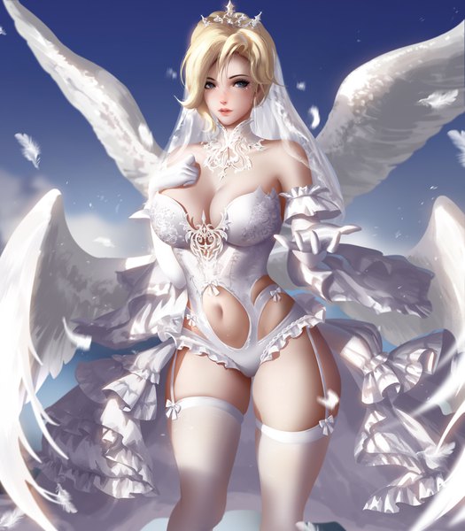 Anime picture 3500x4000 with overwatch blizzard entertainment mercy (overwatch) liang xing single tall image looking at viewer blush fringe highres short hair breasts blue eyes light erotic blonde hair hair between eyes large breasts standing bare shoulders absurdres