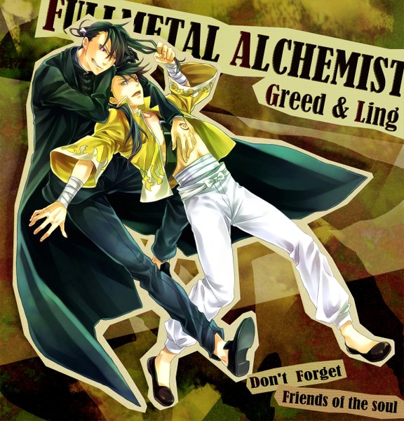 Anime picture 1200x1250 with fullmetal alchemist fullmetal alchemist brotherhood studio bones greed ling yao anika kyuu long hair tall image open mouth black hair red eyes yellow eyes tail traditional clothes green hair inscription tattoo dual persona boy cloak