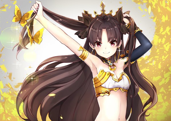 Anime picture 1100x778 with fate (series) fate/grand order fate/stay night toosaka rin ishtar (fate) pilokey single long hair looking at viewer fringe black hair smile red eyes bare shoulders upper body arm up bare belly sparkle armpit (armpits) midriff