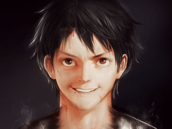 Anime picture 1000x750 with one piece toei animation monkey d. luffy shitsu soku k killer4fx single fringe short hair black hair simple background smile brown eyes parted lips realistic teeth grin coloring black background portrait looking up