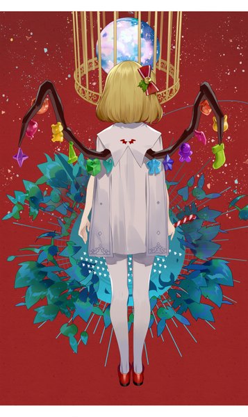 Anime picture 1000x1681 with touhou flandre scarlet hillly (maiwetea) single tall image short hair blonde hair standing full body from behind one side up christmas letterboxed red background alternate wings girl dress bow hair bow pantyhose