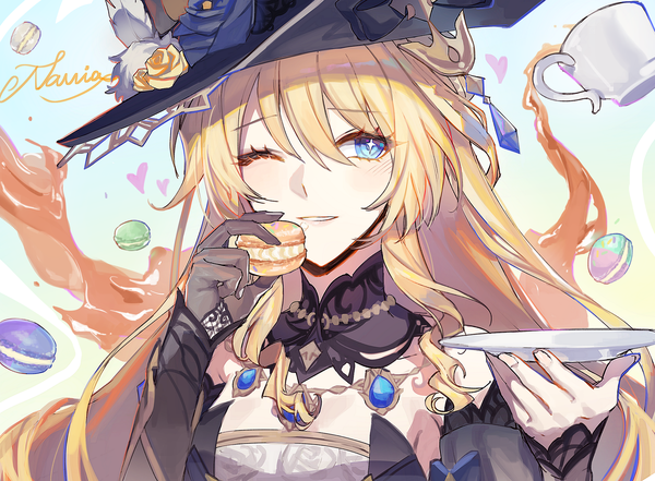 Anime picture 2603x1914 with genshin impact navia (genshin impact) sp0i0ppp single long hair fringe highres blue eyes blonde hair hair between eyes looking away upper body one eye closed character names girl hat food sweets detached collar cup