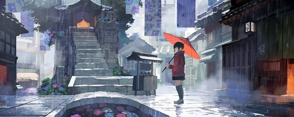 Anime picture 1560x624 with original kitsune (kazenouta) single short hair black hair wide image standing holding payot looking away full body outdoors profile black eyes zettai ryouiki rain hand in pocket scenic girl thighhighs