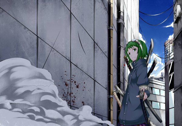 Аниме картинка 1876x1310 с вокалоид гуми yamatoba один (одна) смотрит на зрителя высокое разрешение короткие волосы зелёные глаза зелёные волосы девушка оружие меч куртка катана защитные очки