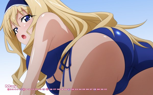 Anime picture 1920x1200 with infinite stratos 8bit cecilia orcott wave ride long hair highres open mouth blue eyes light erotic blonde hair wide image ass girl swimsuit bikini calendar