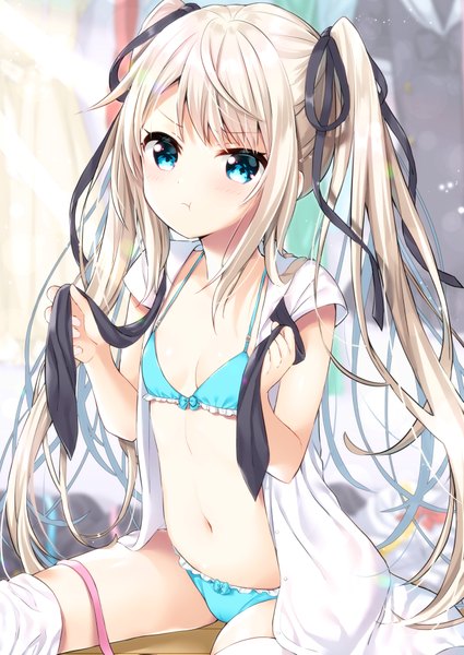 Anime picture 717x1012 with original uchuuneko single long hair tall image looking at viewer blush fringe blue eyes light erotic blonde hair sitting twintails holding payot bare belly short sleeves open shirt thighs flat chest