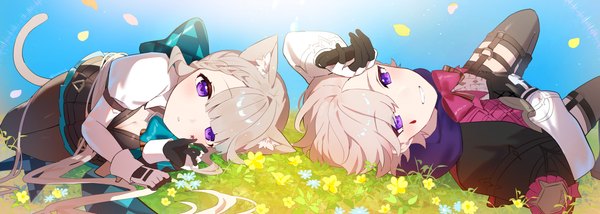 Anime picture 5112x1826 with genshin impact lynette (genshin impact) lyney (genshin impact) azna long hair looking at viewer fringe highres short hair blonde hair smile wide image purple eyes animal ears outdoors tail lying animal tail cat ears cat girl