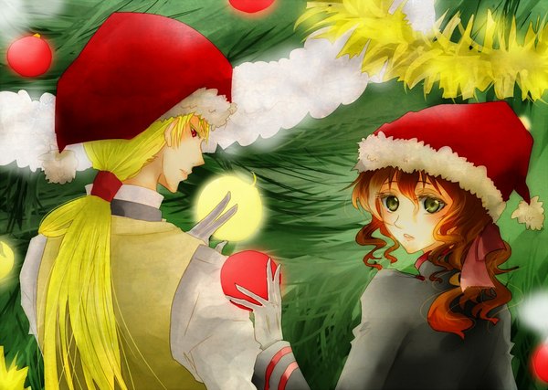 Anime picture 1000x713 with d.gray-man howard link miranda lotto long hair blonde hair red eyes brown hair green eyes ponytail from behind couple back wavy hair new year girl boy gloves uniform plant (plants) shirt